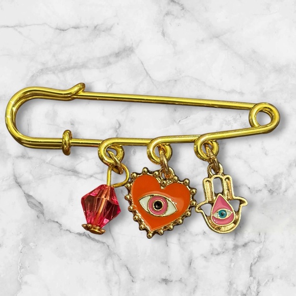 Jewelry - Gold Safety Pin with Evil Eye Charms